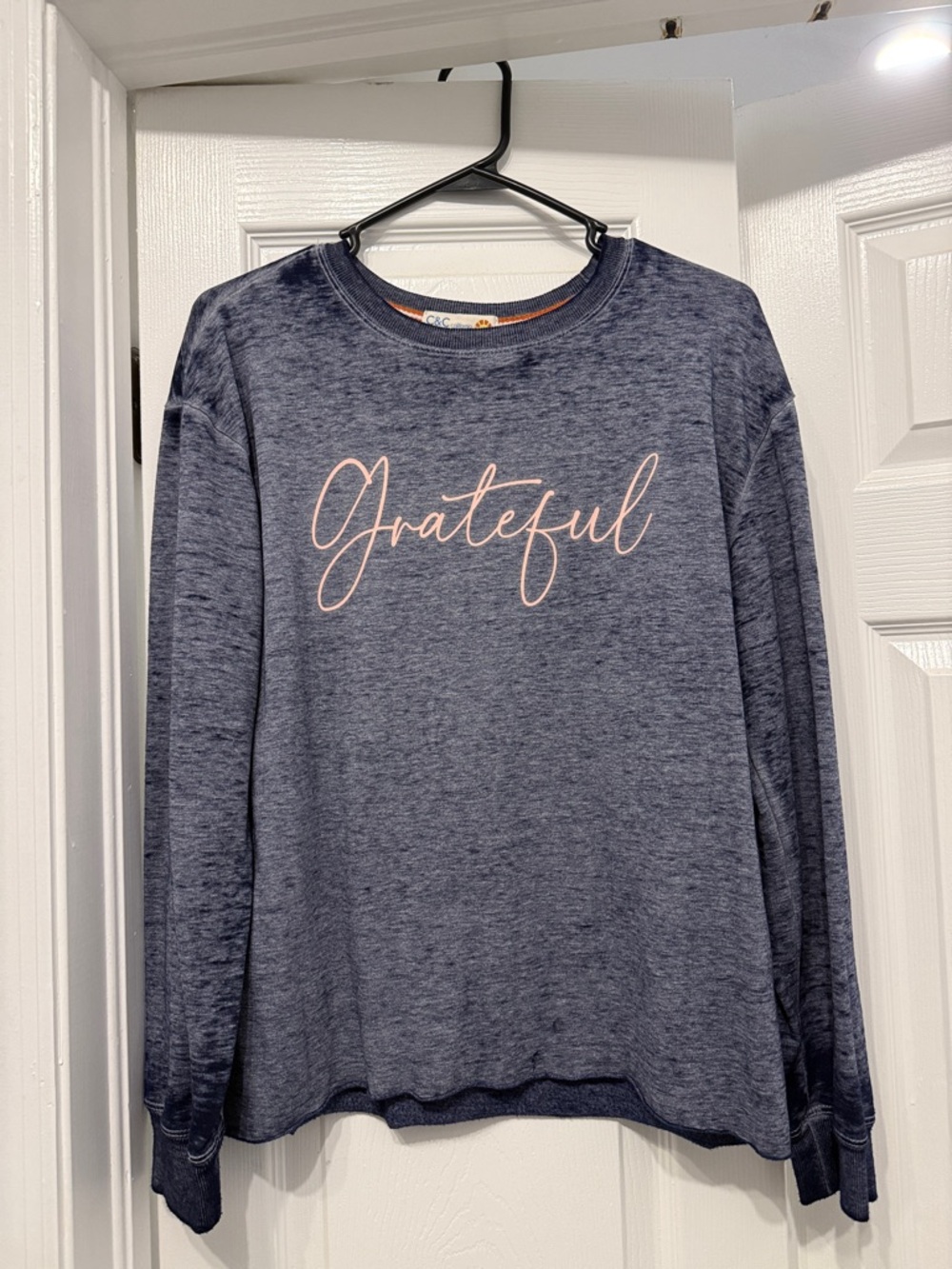Grateful Script Sweatshirt - Navy with Pink Lettering